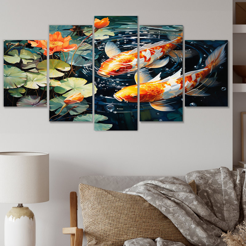  «Japon jaune et rouge doré Koi III - reproduction d'art sur toile japonaise - 5 panneaux