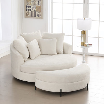 59.8" W Upholstered Oversized Slipcovered Accent Barrel Lounge Chair With Crescent Storage Ottoman