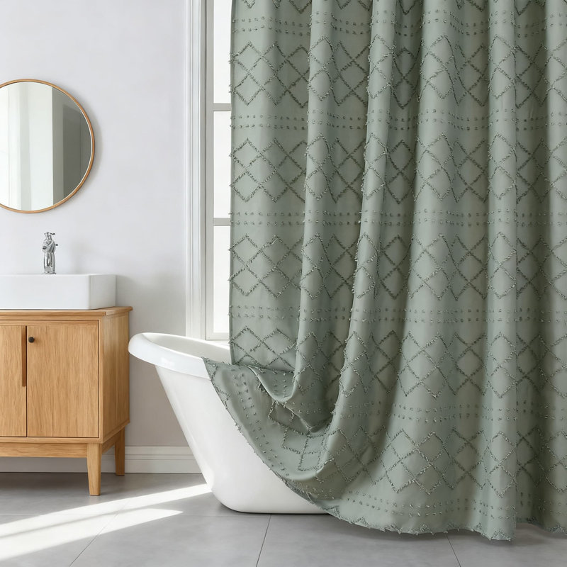 Rideau de douche Farmhouse, motif rayé à carreaux jacquard avec bords froncés, tissu en polyester doux, comprend des crochets résistants à la rouille pour une installation facile