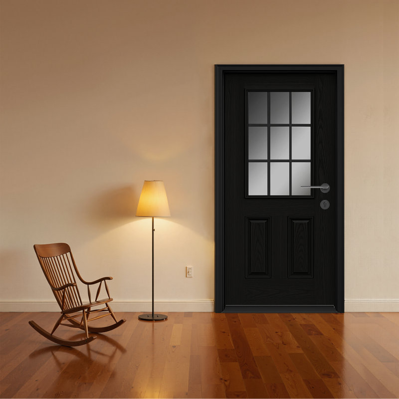 Porte d'entrée avant en fibre de verre 36 po x 36 po à 9 panneaux et 2 panneaux en verre givré, Noir, Gauche
