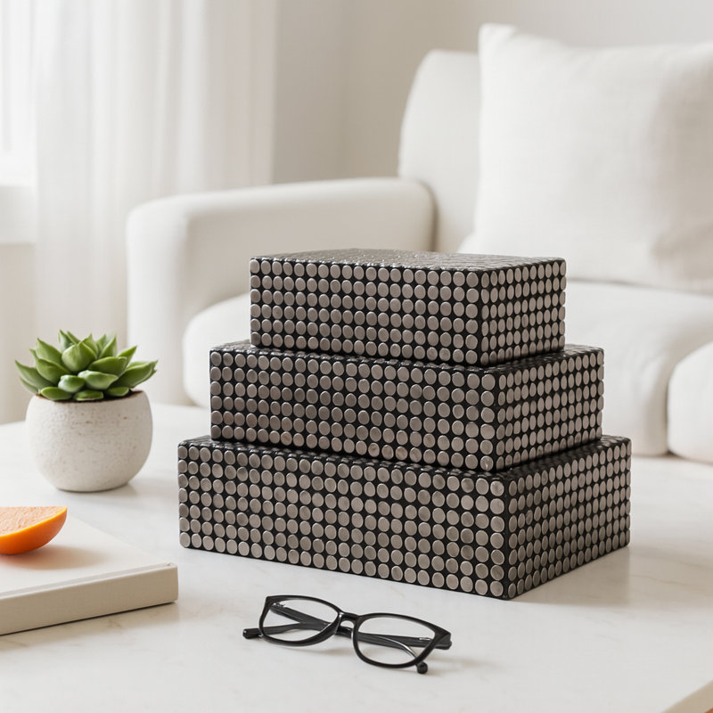 Studded Keepsake Boxes Decorations With Removable Lid - Decorative Storage And Organizer For Home Accent And Functional Display - Set Of 3, 12", Black