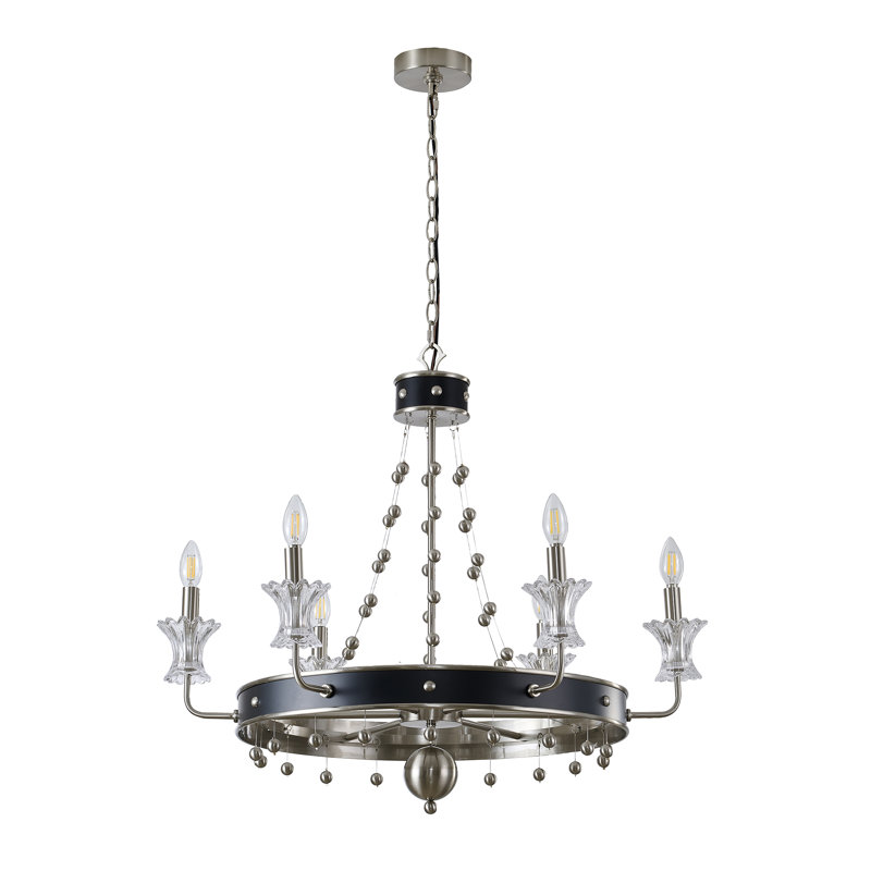 Lustre 6 lumières en nickel satiné et noir avec détails en verre transparent