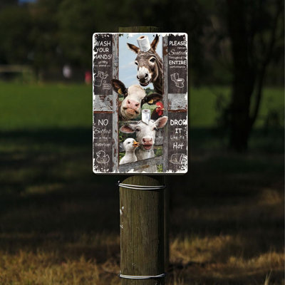 Drôle de salle de bain, plaques d'étain, toilettes, toilettes, affiche en métal, affiche, animaux de ferme, art mural rétro, plaque, vache, mouton, canard, âne, coq, décoration murale pour la salle de bain, homme, caverne, garage, décoration