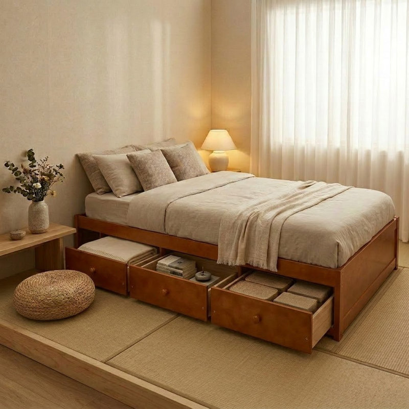 Lit plateforme simple avec rangement, Chêne