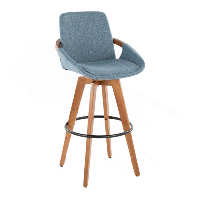 29" Fixed-Height Barstool With Swivel In Walnut Bamboo And Blue Noise Fabric With Round Black Metal Footrest