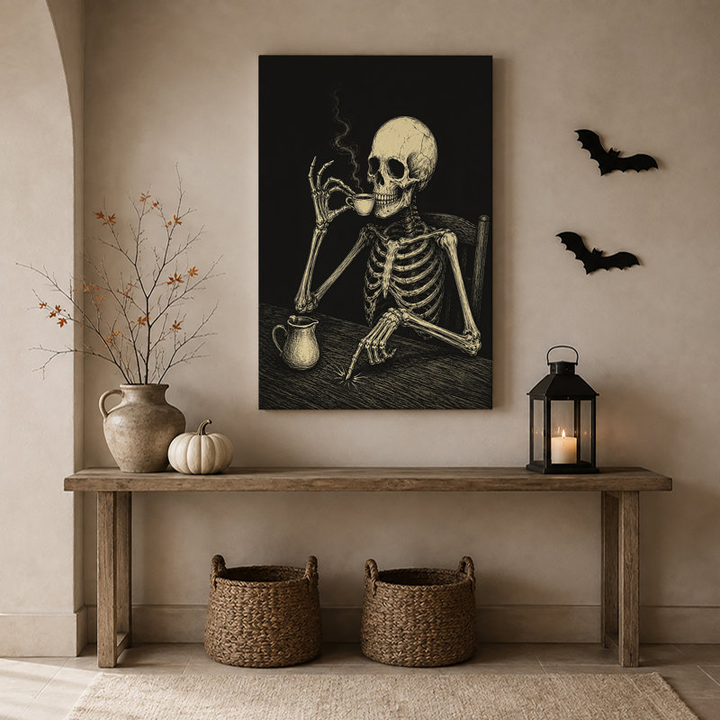 Squelette buvant une tasse de café, reproduction d'art rétro sur toile d'Halloween, H 18 po x l 12 po