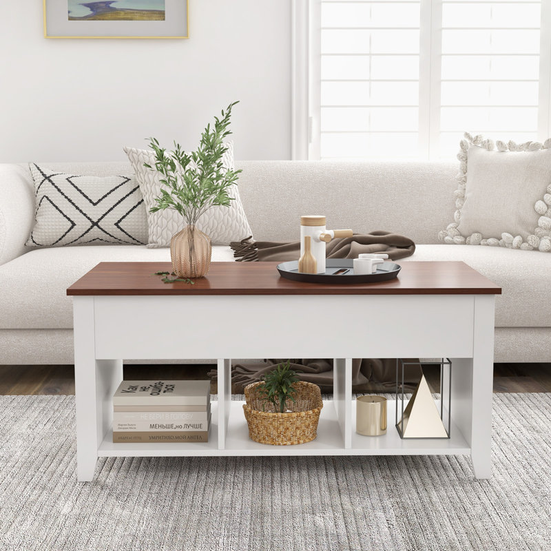 Table basse à 4 pieds avec rangement Jocasta, Brun pâle, Blanc, H 24,5 po x L 41 po x l 20,5 po