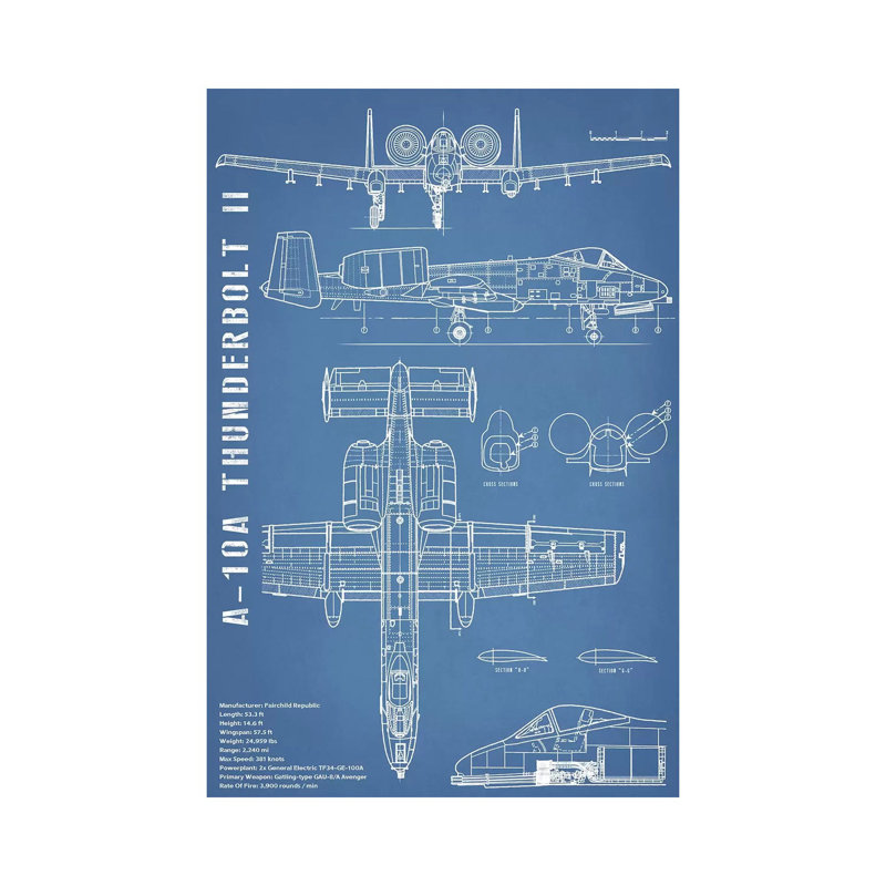 A-10 Thunderbolt II [Warthog] Airplane | Black - Portrait by Action Blueprints - Wrapped Canvas Print