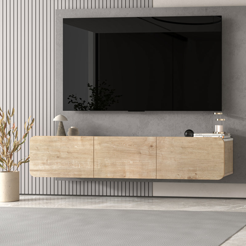Bertice Floating Tv Unit For Tvs Up To 80", Oak Wood/White Marble