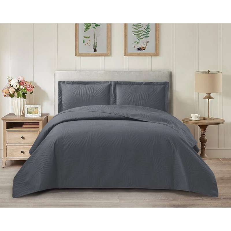 Floral Bedspread with Pillow Shams Included, Double Bedspread  + 2 Standard Shams, Grey