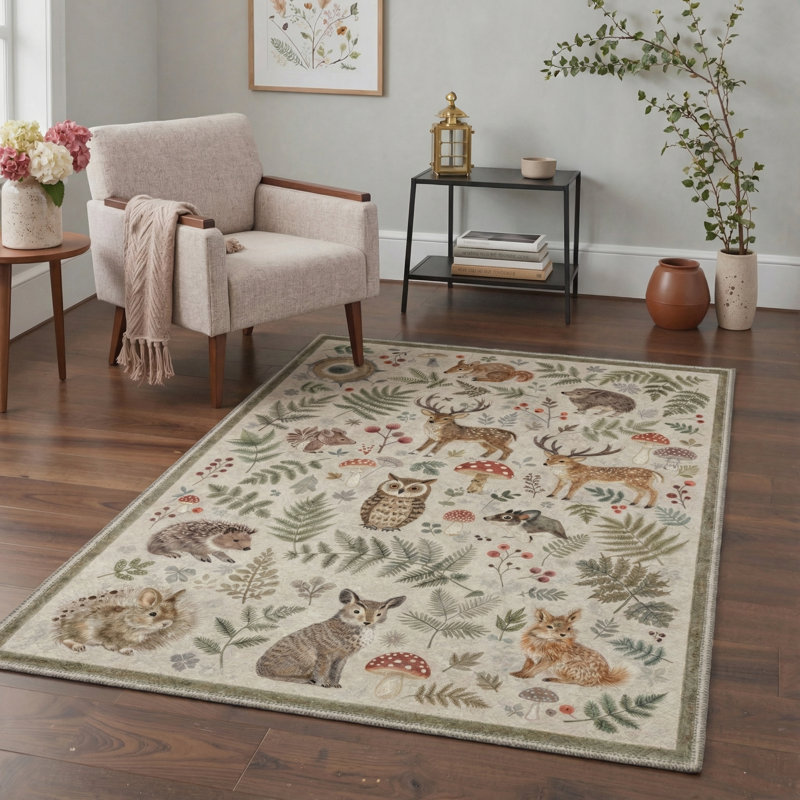 Aarna Woodland Rustic Animals Print Machine Washable Beige / Brown / Green Indoor Area Rug with Non-Slip Backing, Round 5'