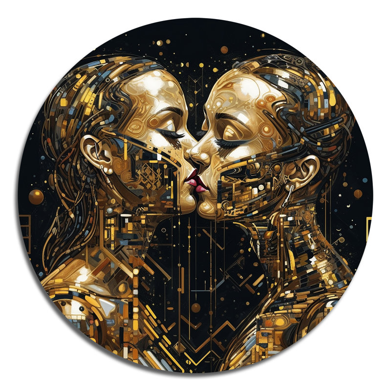 Acrylique Couple s'embrassant I - Art mural rond abstrait en marbre sur métal, H 36 po x l 36 po x P 1 po