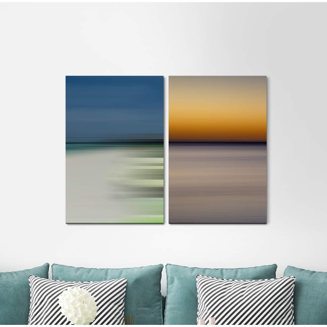 2-tlg. Leinwandbilder-Set - Grafikdruck „Horizon Orange Blue Twilight Minimal Harmonic”