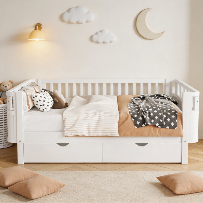 Lit plateforme en bois pleine grandeur avec rails pour enfants, structure de lit pour tout-petit en bois massif avec garde-corps - blanc, conception brevetée