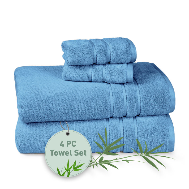 Marguerite Rayon from Bamboo Cotton Blend 4 Piece Towel Set, Blue, 2 Bath Towel 2 Washcloth