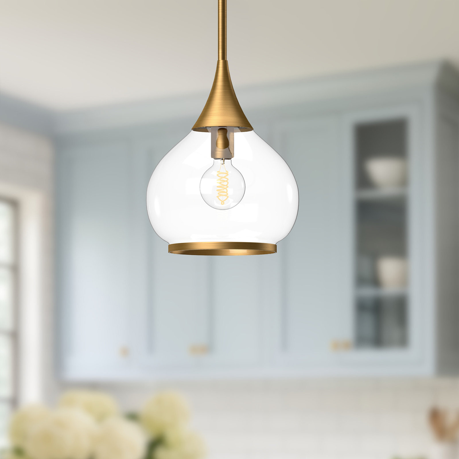 Hazel Single Light Glass Pendant, Clear, Aged Gold, 63" H x 10" W x 10.13" D