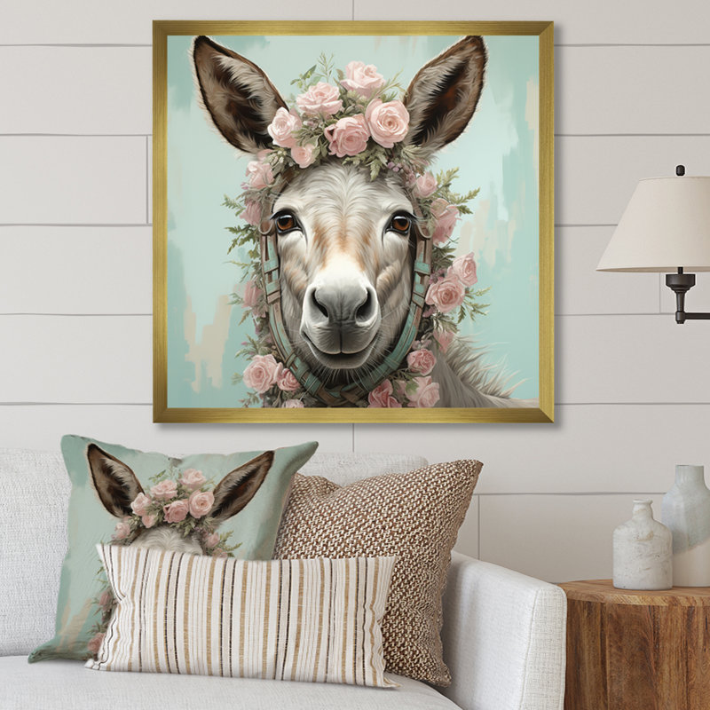 Adorable portrait floral d'âne - art mural d'âne, H 30 po x l 30 po x P 1,5 po, Cadre doré simple