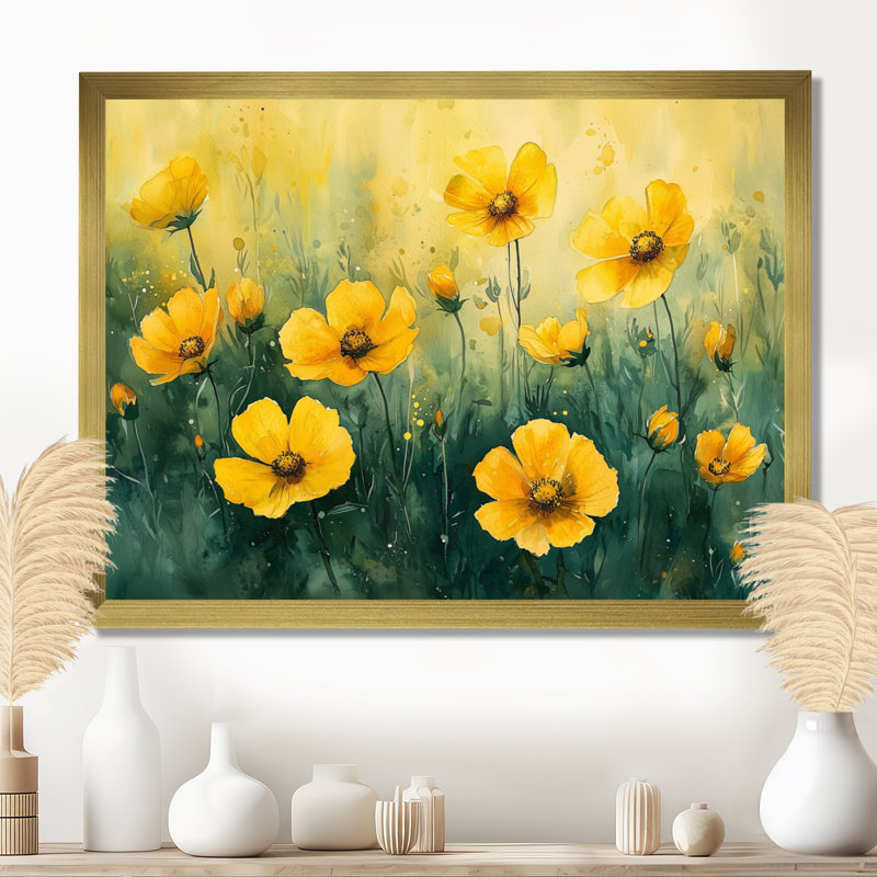 Iriyana Golden Hour Poppies In Summer V - coquelicots, art mural pour le salon, Reproduction encadrée d'une seule photo, Doré