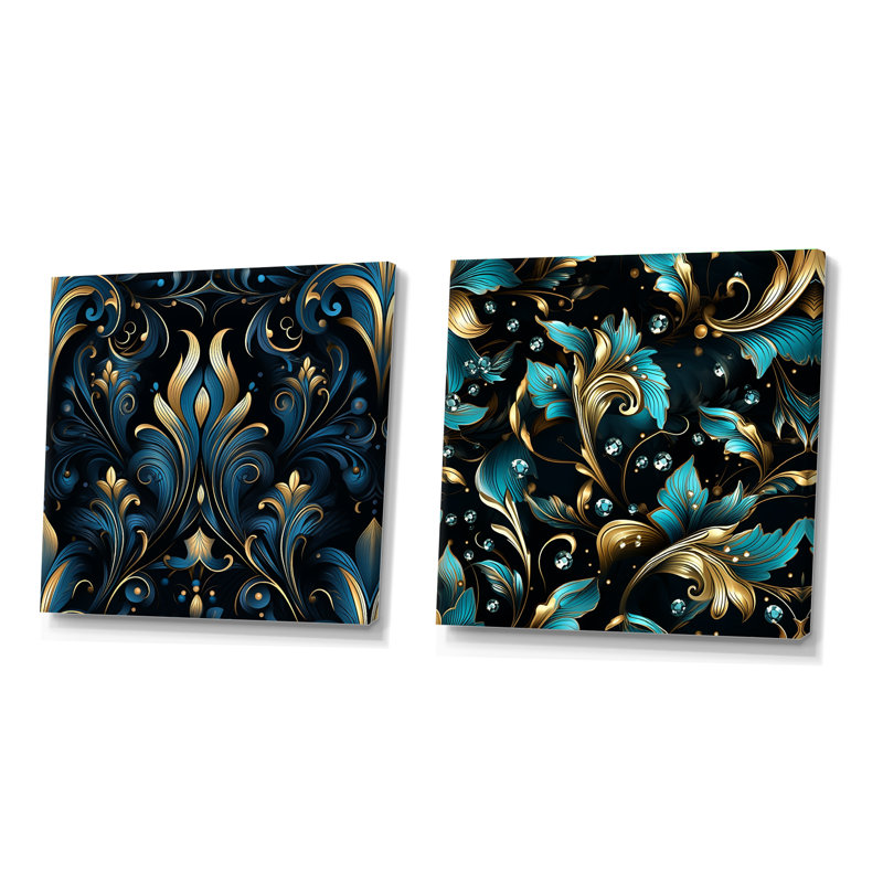 Motif de fleurs bleues et dorées de luxe III - ensemble de collage carré abstrait botaniques, Toile tendue, H 16 po x l 33 po