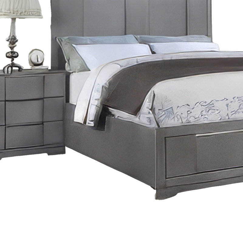 Ensemble de chambre avec grand lit 4 pièces Levice, tête de lit à DEL, commode avec miroir, gris