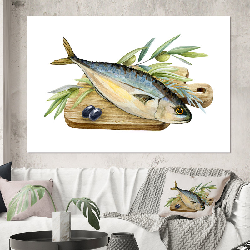 Poisson de mer avec herbes et branche d'olivier - Peinture sur toile, H 40 po x l 60 po, Toile tendue