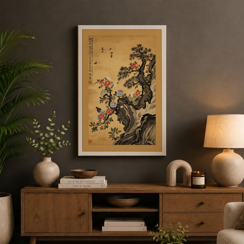 Blossoms in Flight Japandi - Wrapped Canvas, 18x12 - 45.7 x 30.5 cm, Terracotta Border