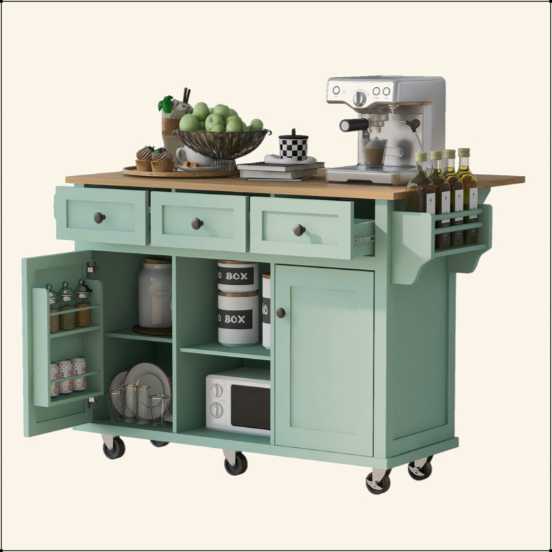 Drop-Leaf Kitchen Cart - 5-Wheel Rolling Kitchen Island with 3 Drawers, Cabinet Door Internal Storage Racks & Storage Cabinet for Dining Room