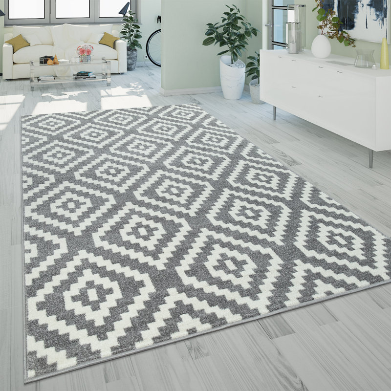 Tapis gris / blanc en polypropylène tissé à la machine Delilia, Rectangle 7 pi 10,5 po x 10 pi 6 po