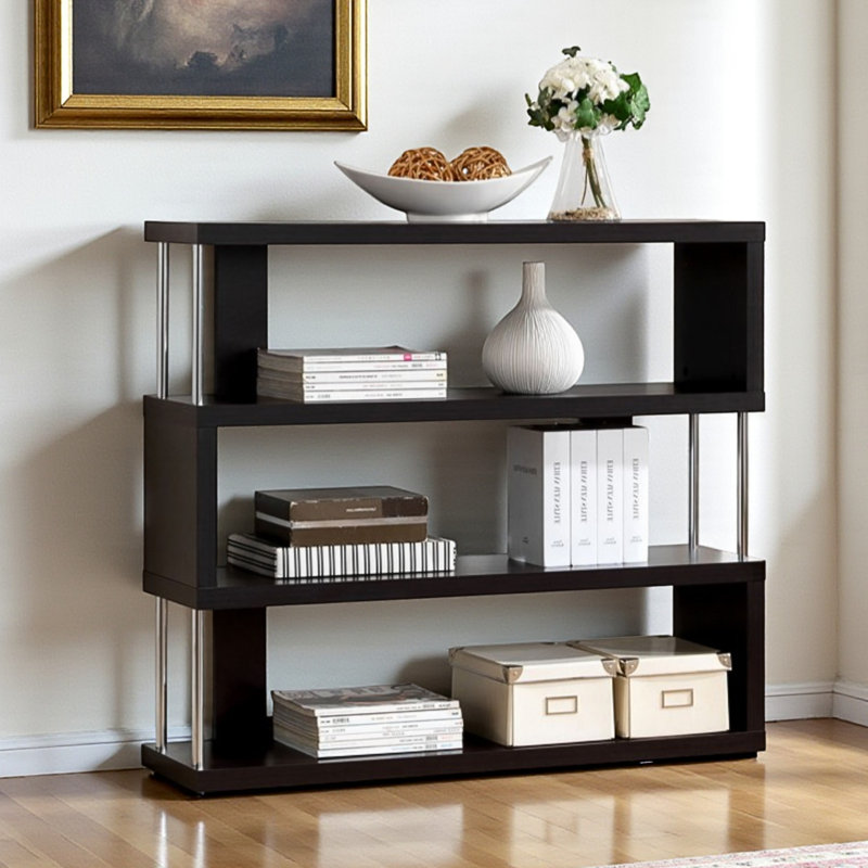 Deeter Three-Shelf Faux Wood Grain Modern Bookcase in Brown, 37.87" H X 42.87" W X 11.31" D, 38.35" H x 43.13" W x 11.31" D