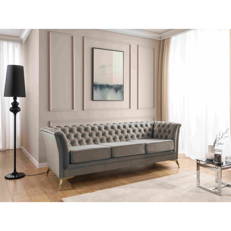 Whitby 3 Seater Velvet Sofa, Grey, Gold