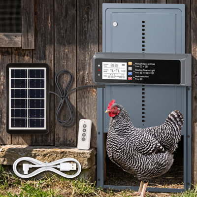 Porte de poulailler automatique à énergie solaire avec minuterie et détecteur de lumière, porte d'accès au poulet à écran LCD avec télécommande sans fil, protection anti-pincement, fabriquée en alliage d'aluminium