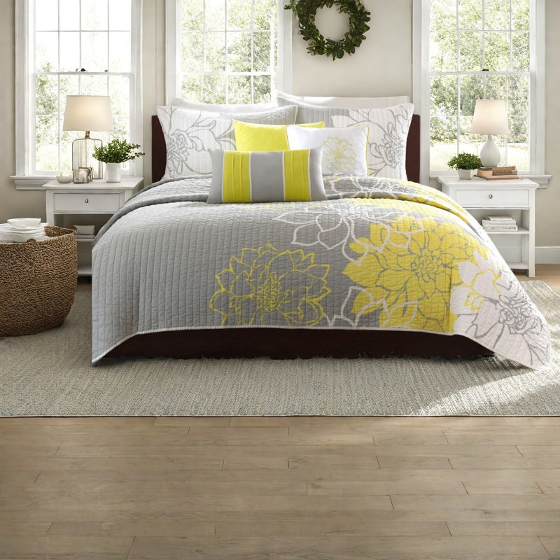 Ensembles de literie en coton jaune et gris, motif floral réversible, double / grand pour le confort de la maison