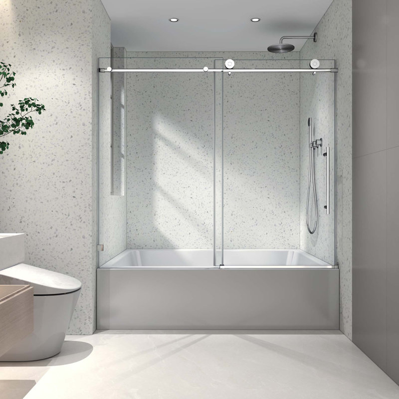 Frameless One Fixed And One Shifted Shower Door,Stainless Steel Large Pulleys With Adjustable Soft Closing Function,With Nano Easy Cleaning,Stick Explosion-Proof Menbrance