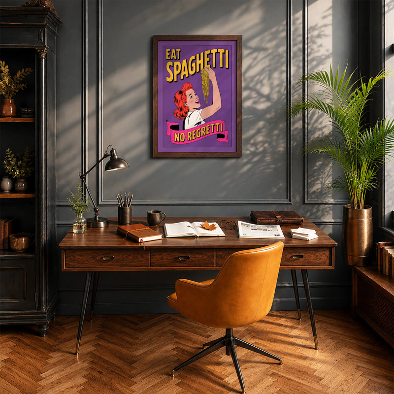 Eat Spaghetti No Regretti Retro - Framed Print, A2 - 59.4 x 42.0 cm, Walnut