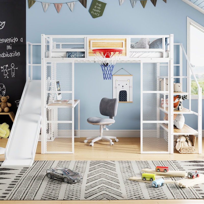 Lit mezzanine en métal avec bureau intégré, Blanc