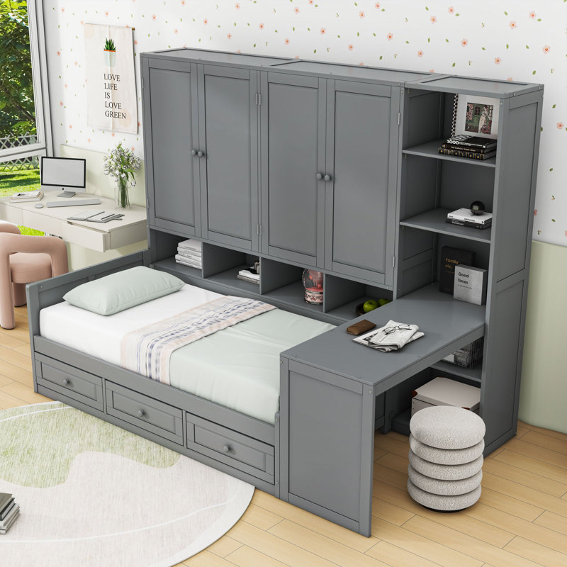 Wood Daybed With Storage Drawers, Shelves and All-in-One Cabinet, Gray, Twin