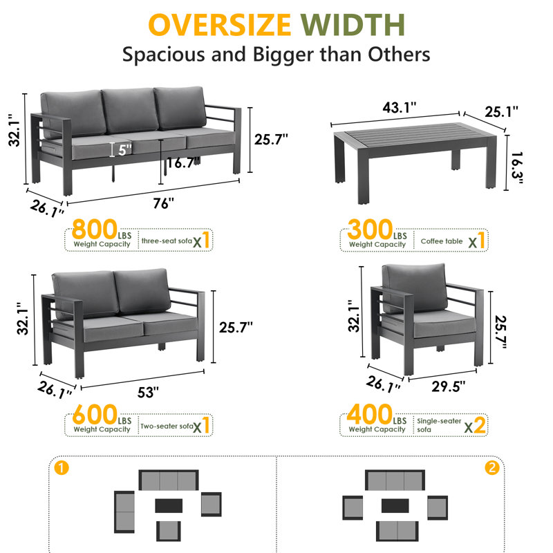 Ensemble de conversation pour 7 personnes avec coussins, Gris, Gris foncé