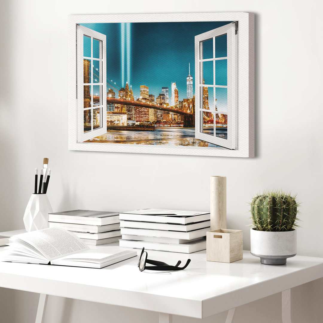 Leinwandbild New York Manhattan Brooklyn Bridge At Night Fenster 100X75cm – Premium Leinwanddruck – Kunstdruck Auf 2Cm H...