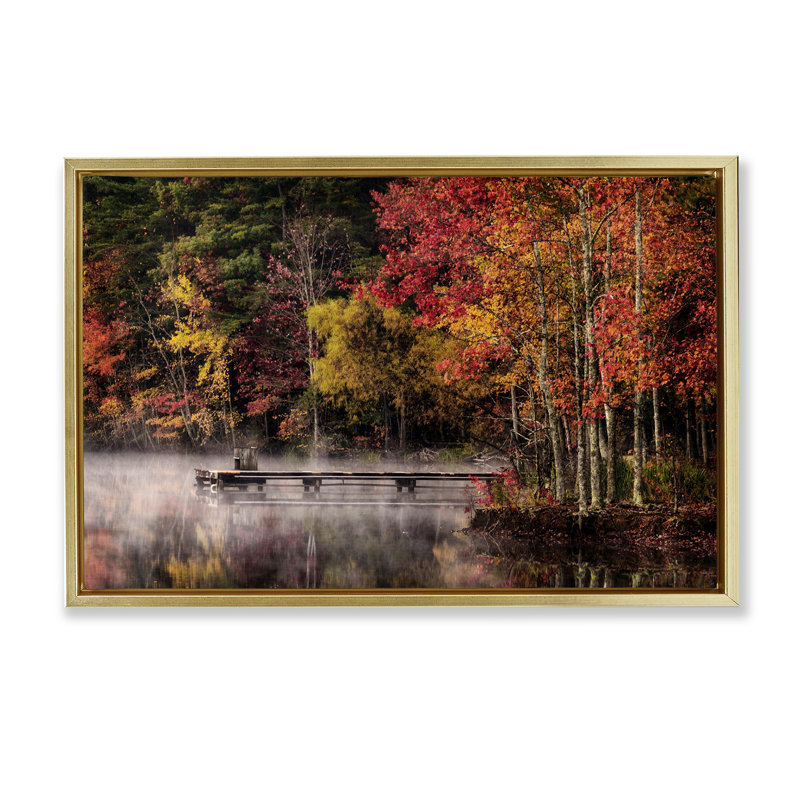 «Autumn Dock Landscape», toile flottante encadrée grise par Andy Amos, Cadre flottant métallique doré, H 17 po x l 25 po