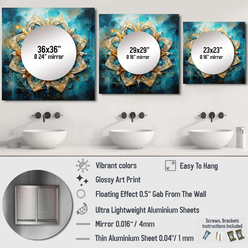 Mandala divin en or rétro et turquoise III - miroir mural carré Boho Mandala pour chambre à coucher, 36 po x 36 po