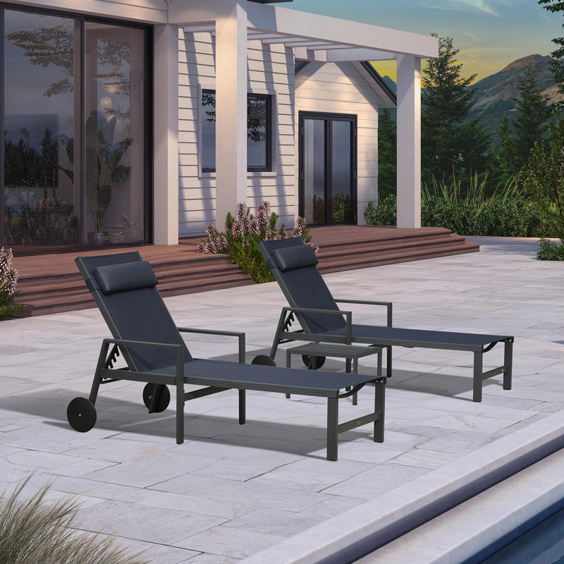  Ensemble de 3 chaises longues d'extérieur pour terrasse avec cadre en aluminium et accoudoirs, Marine