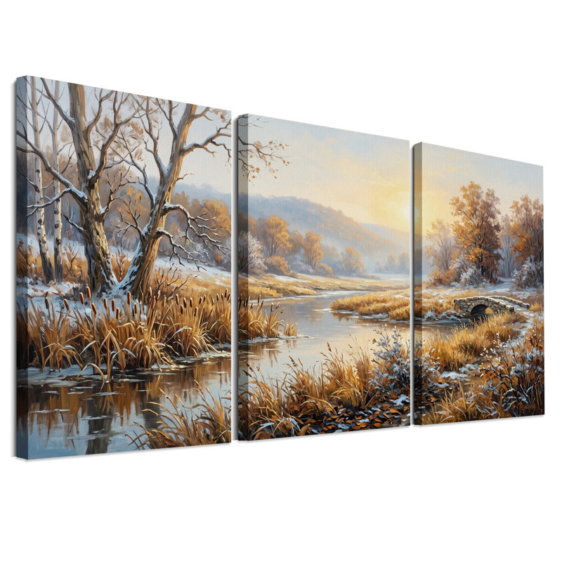 Ensemble de 3 toiles murales représentant un paysage de rivière enneigée avec un pont de pierre, 18"H x 12"W x 3pcs