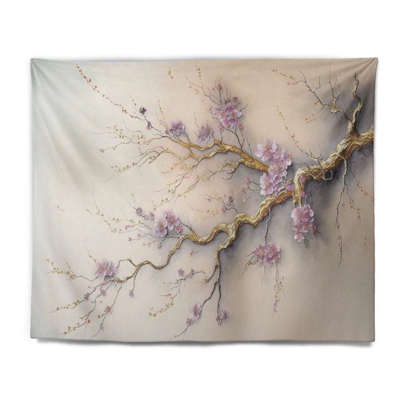 Tapisserie en polyester prune et cerisier en fleurs, H 32 po x l 39 po
