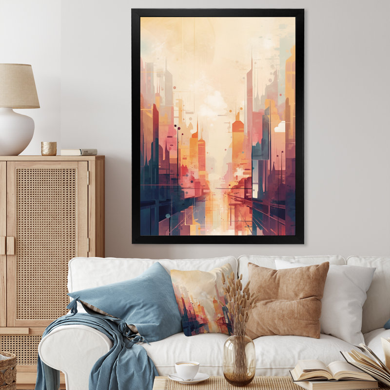 Paysage urbain moderne I - art mural urbain, Impression noire sur toile encadrée, H 20 po x l 12 po x P 1 po