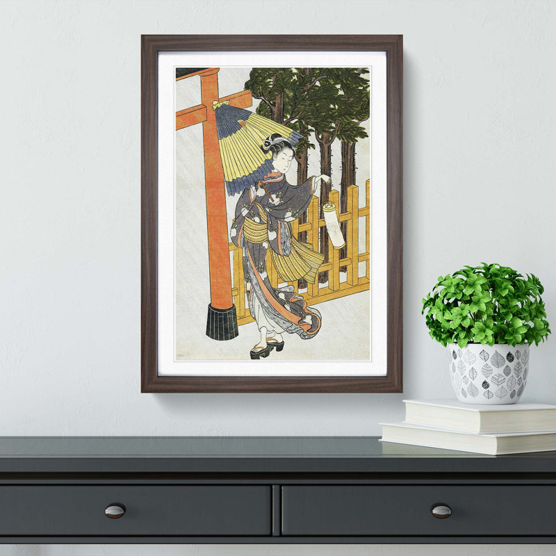 Woman Visiting the Shrine by Harunobu Suzuki - Picture Frame Painting Print, 36cm H x 27cm W x 2cm D, Walnut Framed