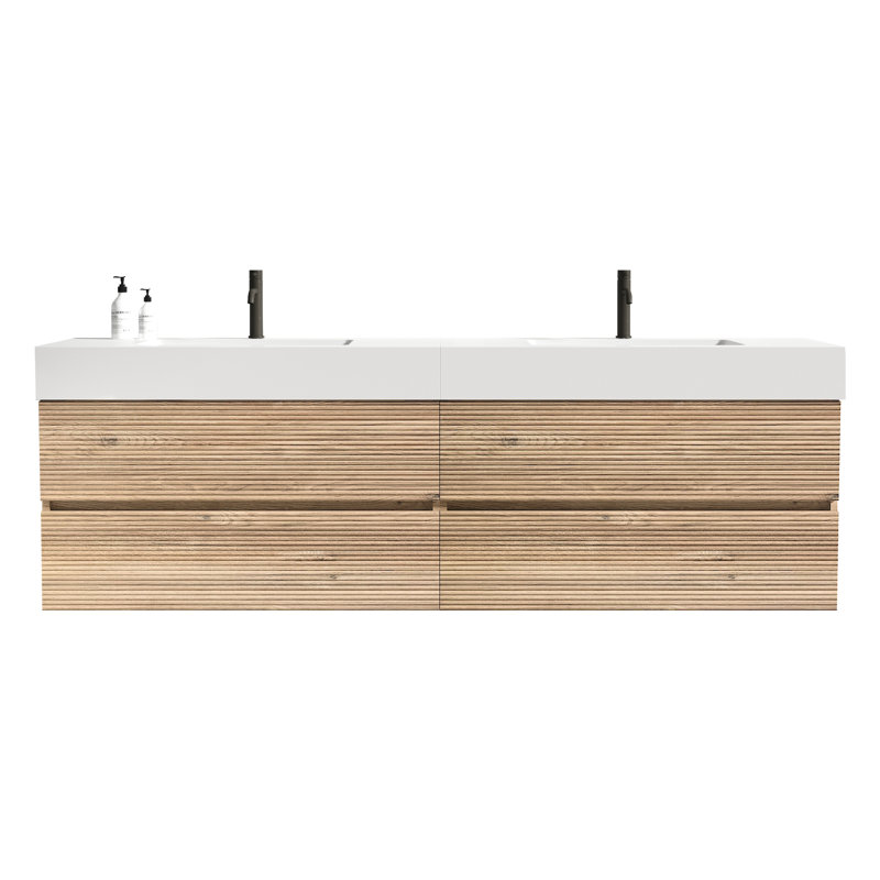 Meuble-lavabo mural flottant en chêne, lavabo une pièce, look moderne, revêtement à base d'eau E0, grand espace de rangement de 72 po, style Mid-Century, poignées dissimulées, 20% de plus