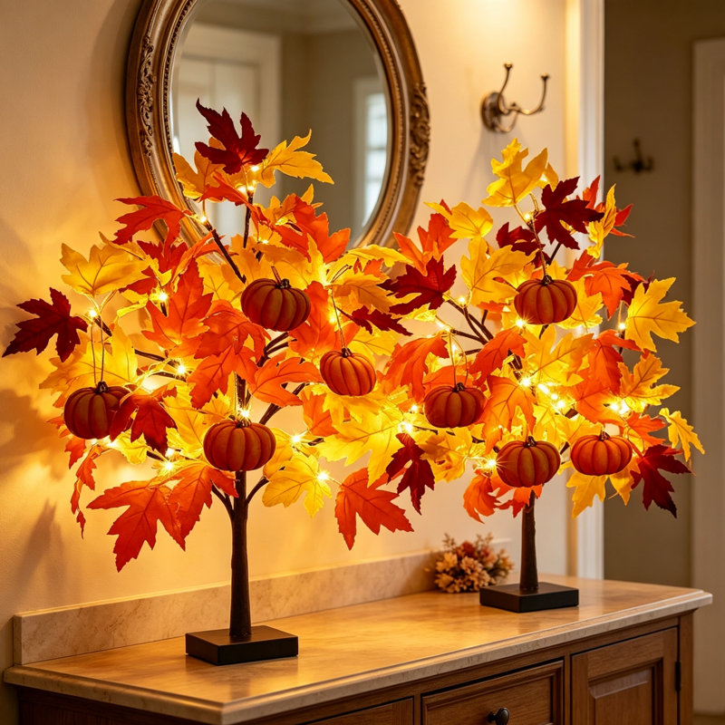 2-Pack 60cm LED Maple Trees with Pumpkin Ornaments
