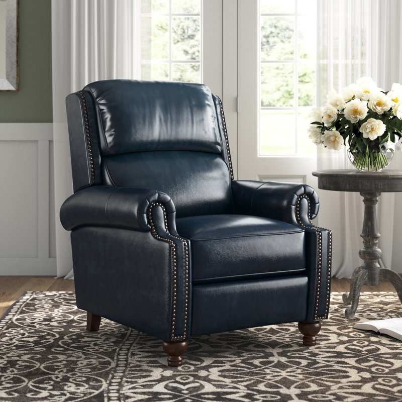 Adeesa Genuine Leather Manual Recliner, Navy Genuine Leather