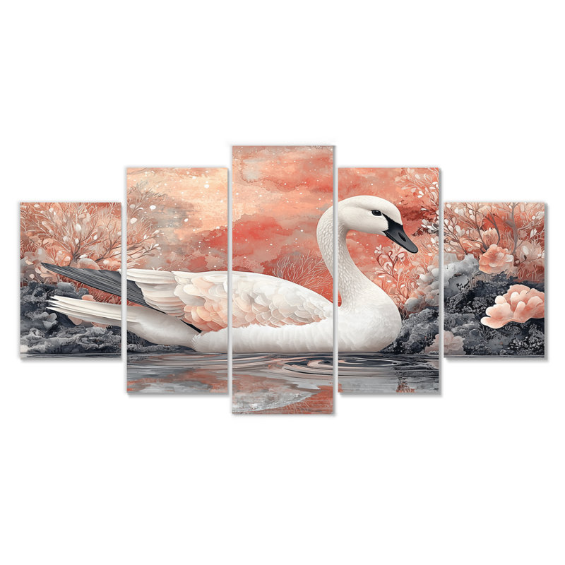 Swan Reflections Of Elegance - Swans Animal Wall Art - Modern Wall Art Decor Set 5 Piece