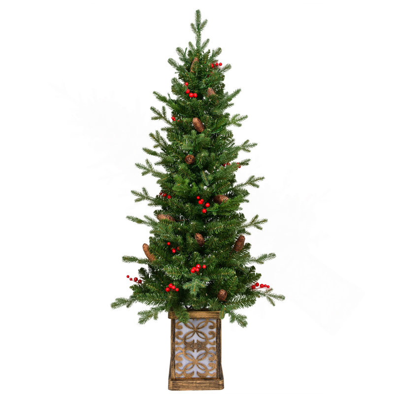 Arbre de Noël vert 4 pi avec base scintillante - 100 lumières DEL multicolores, 396 pointes, baies rouges et pommes de pin, branches pleines en PE / PVC, pot lumineux festif